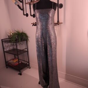 Stunning Rachel Roy Metallic Shimmer Jumpsuit in Gunmetal Silver